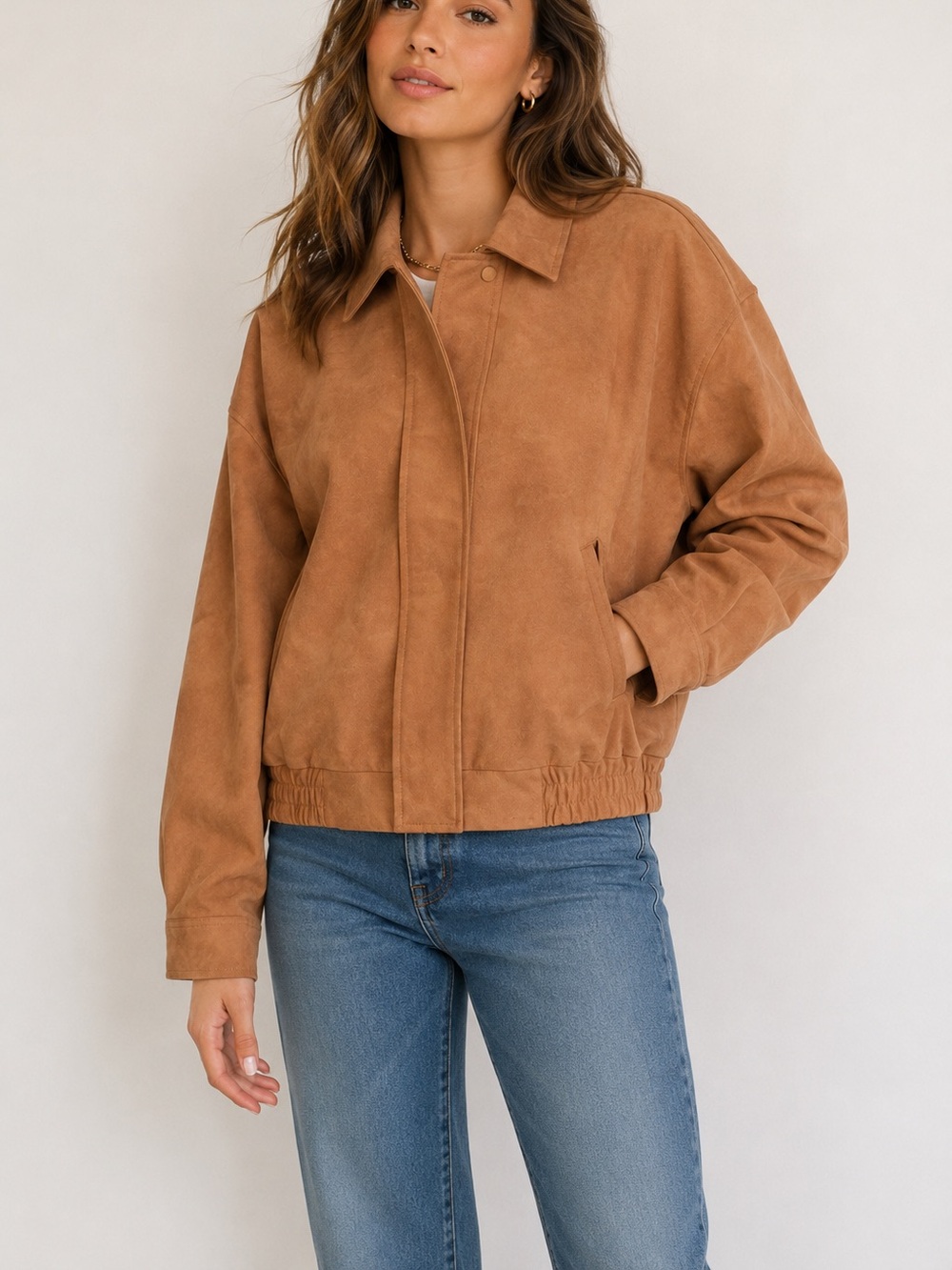 Women’s Brown Faux Suede Bomber Jacket Small Oversized Camel Vegan Suede flawed
